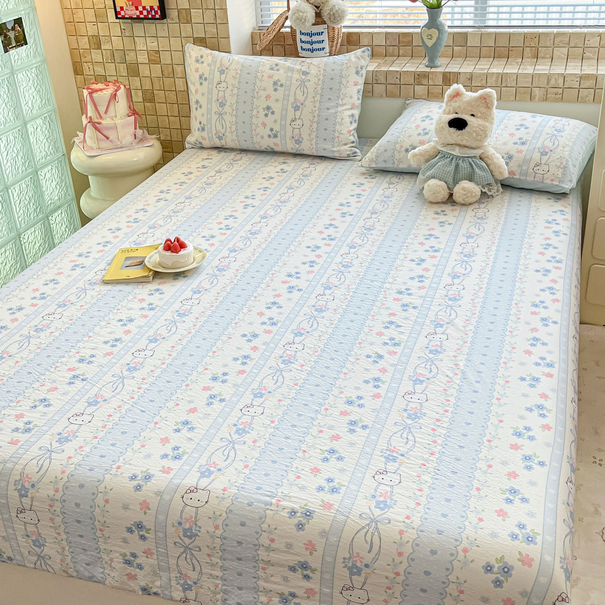 91家纺网 家纺一手货源 找家纺 川悦生活 2026春夏新款双层纱皱皱纱单床笠床笠单件 床笠花艺喵喵