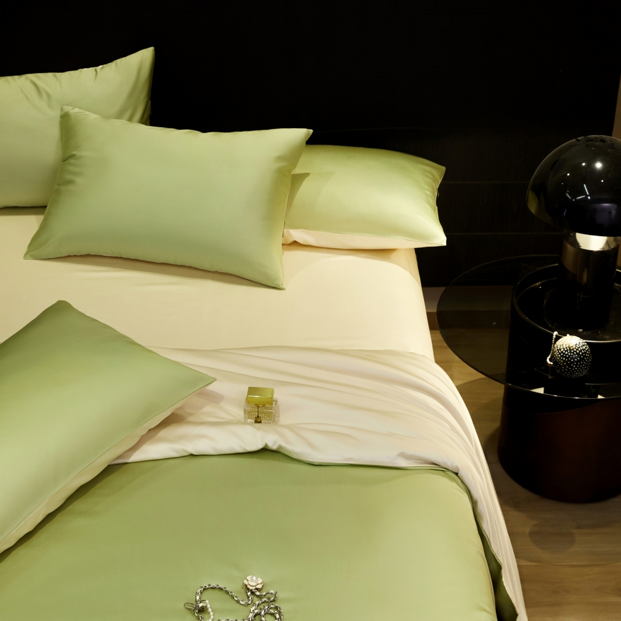 91家纺网 家纺一手货源 找家纺 秀色家纺 2026新款100Pro+高级感轻奢天丝四件套长绒棉新疆纯色双拼凉感夏季裸睡4件 Air天丝棉-抹茶奶白