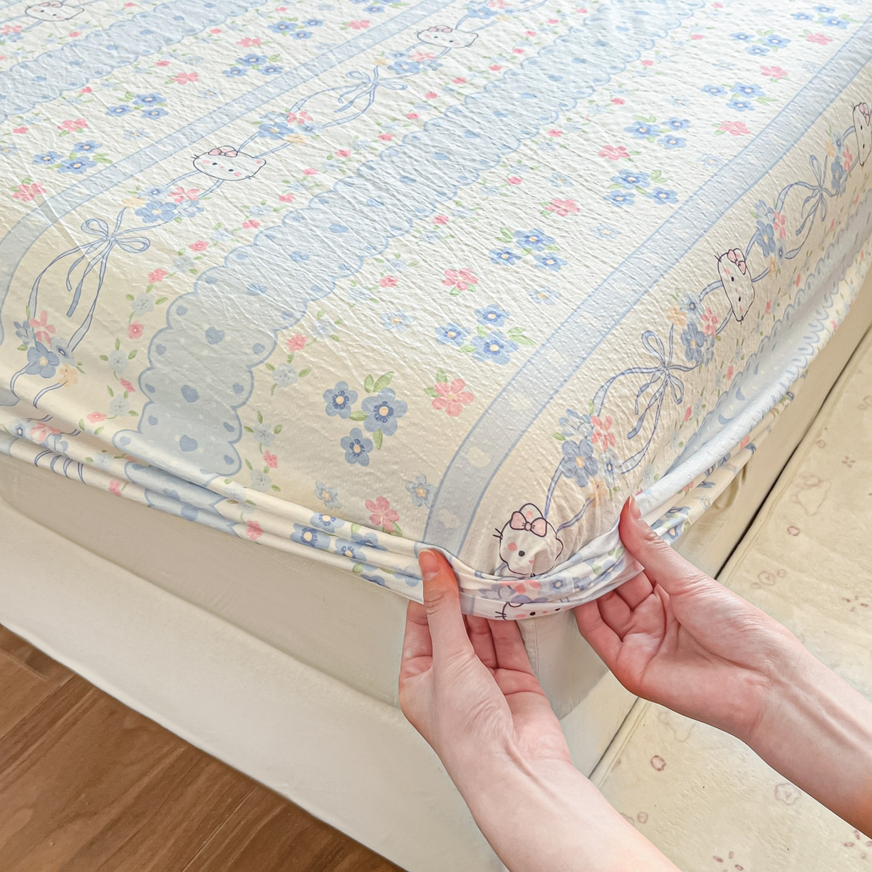 91家纺网 家纺一手货源 找家纺 川悦生活 2026春夏新款双层纱皱皱纱单床笠床笠单件 床笠花艺喵喵