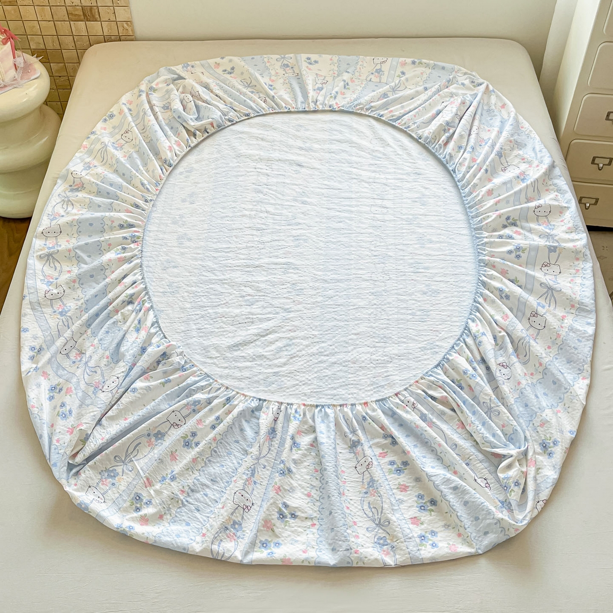 91家纺网 家纺一手货源 找家纺 川悦生活 2026春夏新款双层纱皱皱纱单床笠床笠单件 床笠花艺喵喵