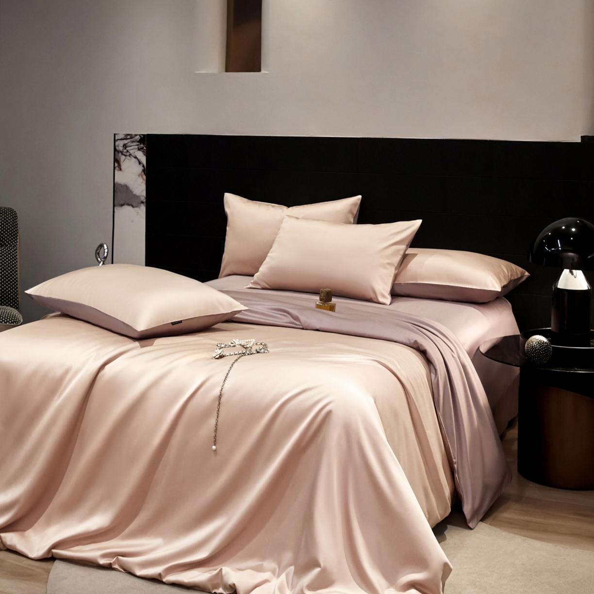 91家纺网 家纺一手货源 找家纺 秀色家纺 2026新款100Pro+高级感轻奢天丝四件套长绒棉新疆纯色双拼凉感夏季裸睡4件 Air天丝棉-桃灰粉+迷雾紫