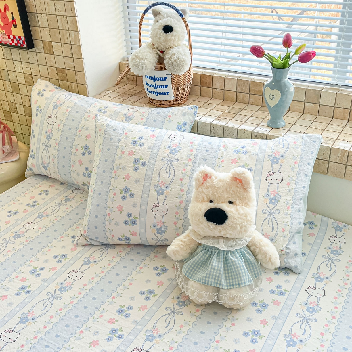 91家纺网 家纺一手货源 找家纺 川悦生活 2026春夏新款双层纱皱皱纱单床笠床笠单件 床笠花艺喵喵