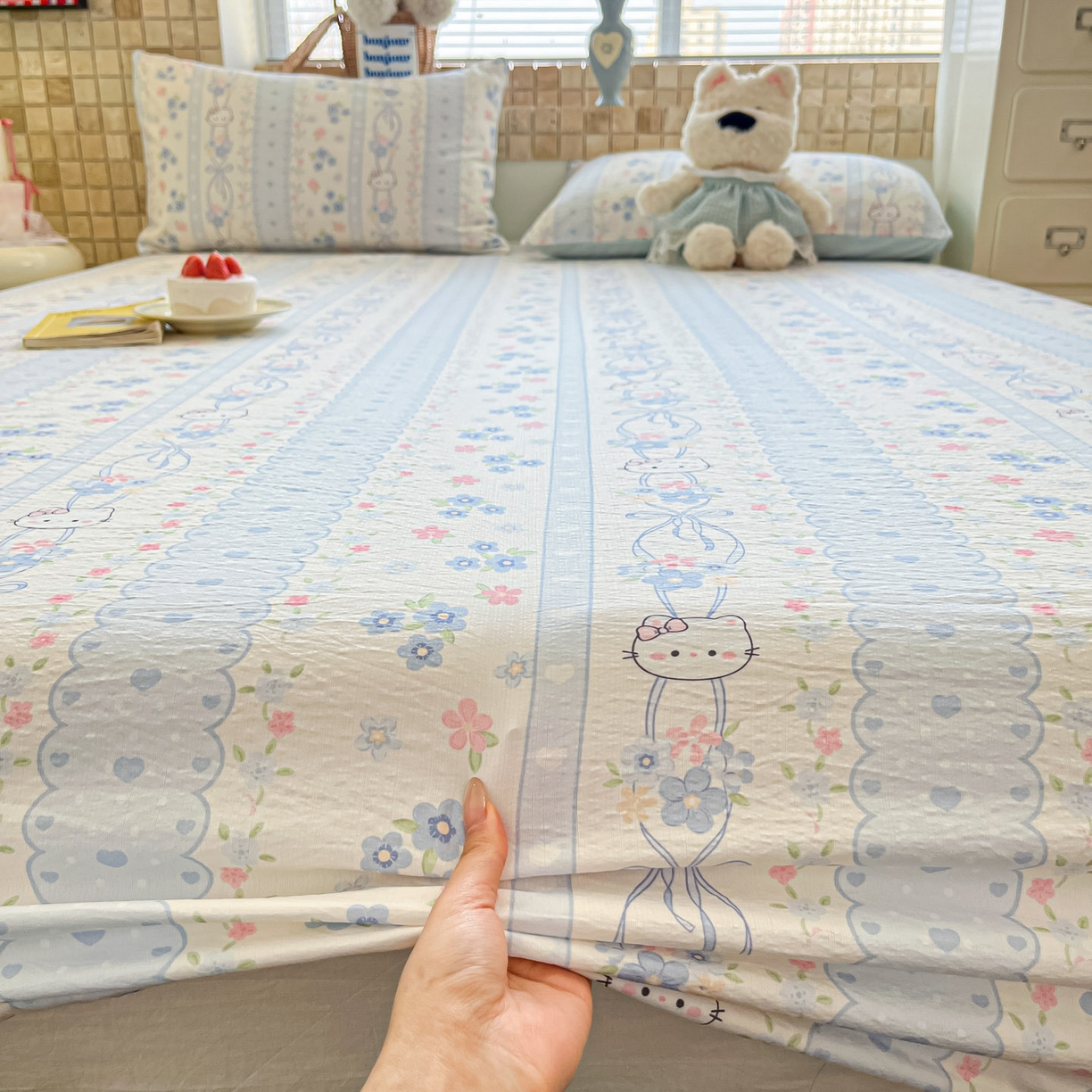 91家纺网 家纺一手货源 找家纺 川悦生活 2026春夏新款双层纱皱皱纱单床笠床笠单件 床笠花艺喵喵