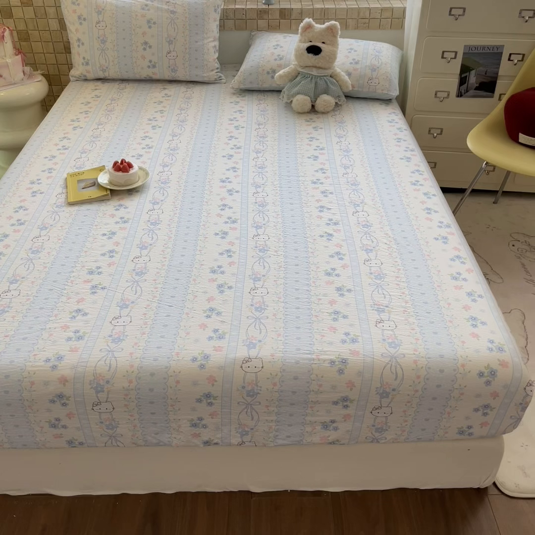 91家纺网 家纺一手货源 找家纺 川悦生活 2026春夏新款双层纱皱皱纱单床笠床笠单件 床笠花艺喵喵