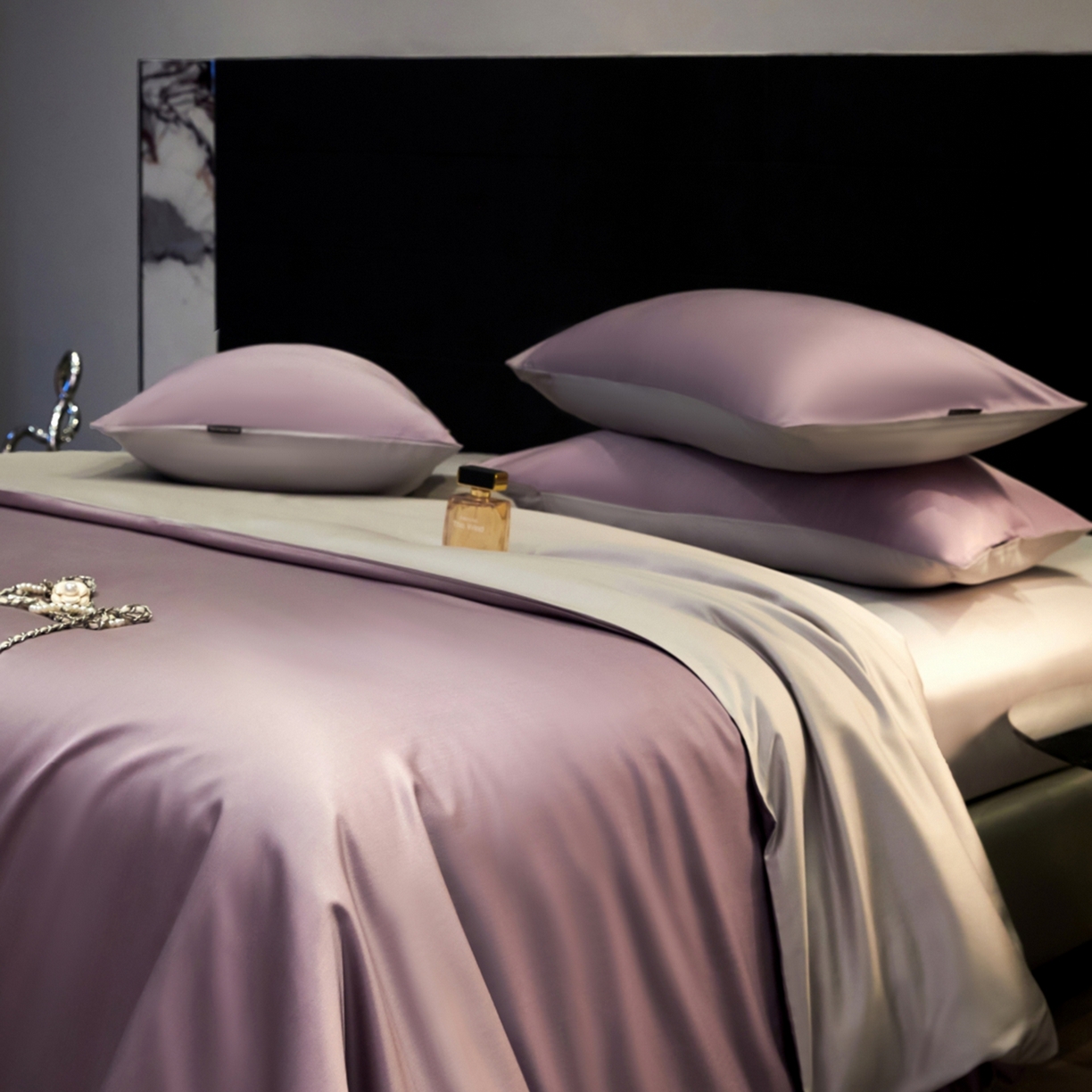 91家纺网 家纺一手货源 找家纺 秀色家纺 2026新款100Pro+高级感轻奢天丝四件套长绒棉新疆纯色双拼凉感夏季裸睡4件 Air天丝棉-迷雾紫+幻影灰