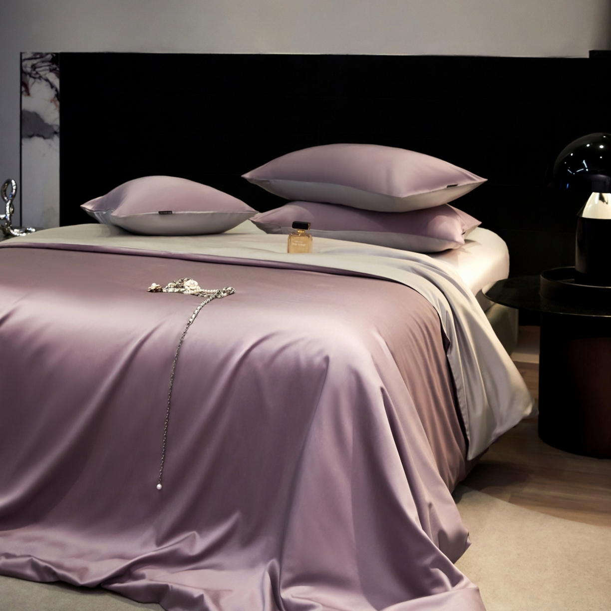 91家纺网 家纺一手货源 找家纺 秀色家纺 2026新款100Pro+高级感轻奢天丝四件套长绒棉新疆纯色双拼凉感夏季裸睡4件 Air天丝棉-迷雾紫+幻影灰