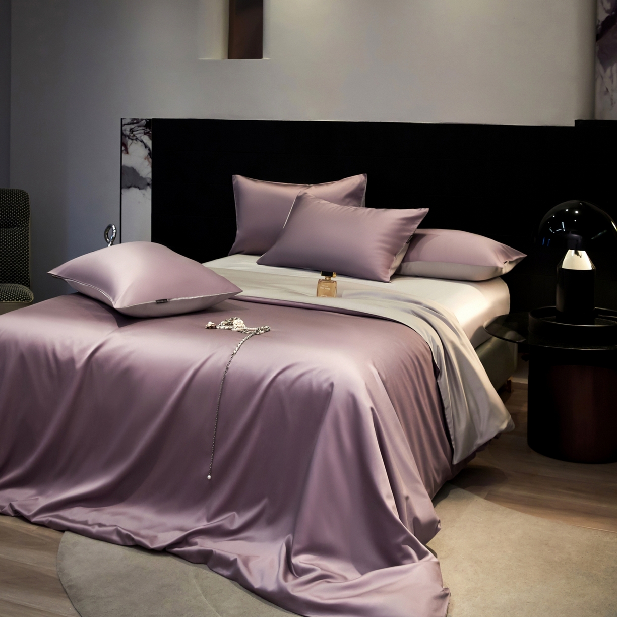 91家纺网 家纺一手货源 找家纺 秀色家纺 2026新款100Pro+高级感轻奢天丝四件套长绒棉新疆纯色双拼凉感夏季裸睡4件 Air天丝棉-迷雾紫+幻影灰