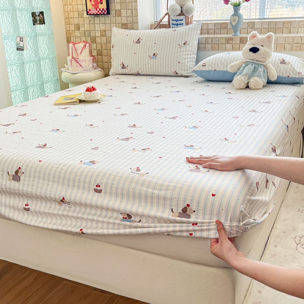 川悦生活 2026春夏新款双层纱皱皱纱单床笠床笠单件 床笠腊肠甜心