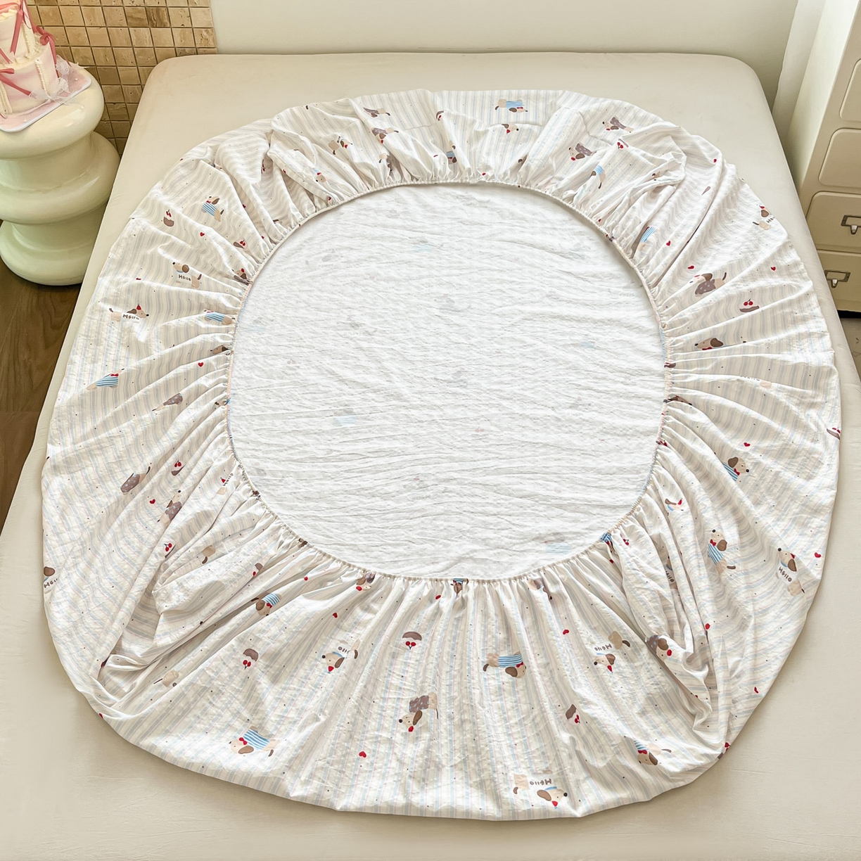 91家纺网 家纺一手货源 找家纺 川悦生活 2026春夏新款双层纱皱皱纱单床笠床笠单件 床笠腊肠甜心