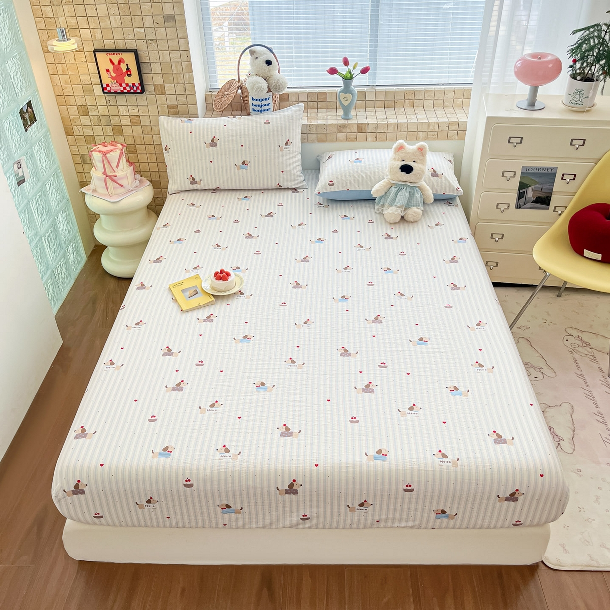 91家纺网 家纺一手货源 找家纺 川悦生活 2026春夏新款双层纱皱皱纱单床笠床笠单件 床笠腊肠甜心