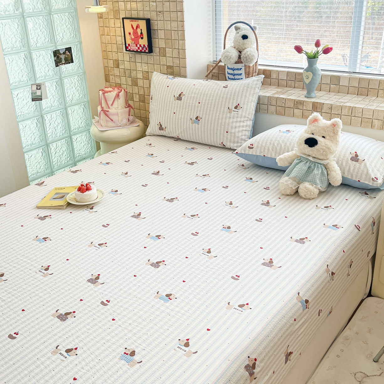 91家纺网 家纺一手货源 找家纺 川悦生活 2026春夏新款双层纱皱皱纱单床笠床笠单件 床笠腊肠甜心