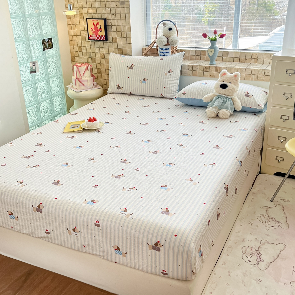 91家纺网 家纺一手货源 找家纺 川悦生活 2026春夏新款双层纱皱皱纱单床笠床笠单件 床笠腊肠甜心