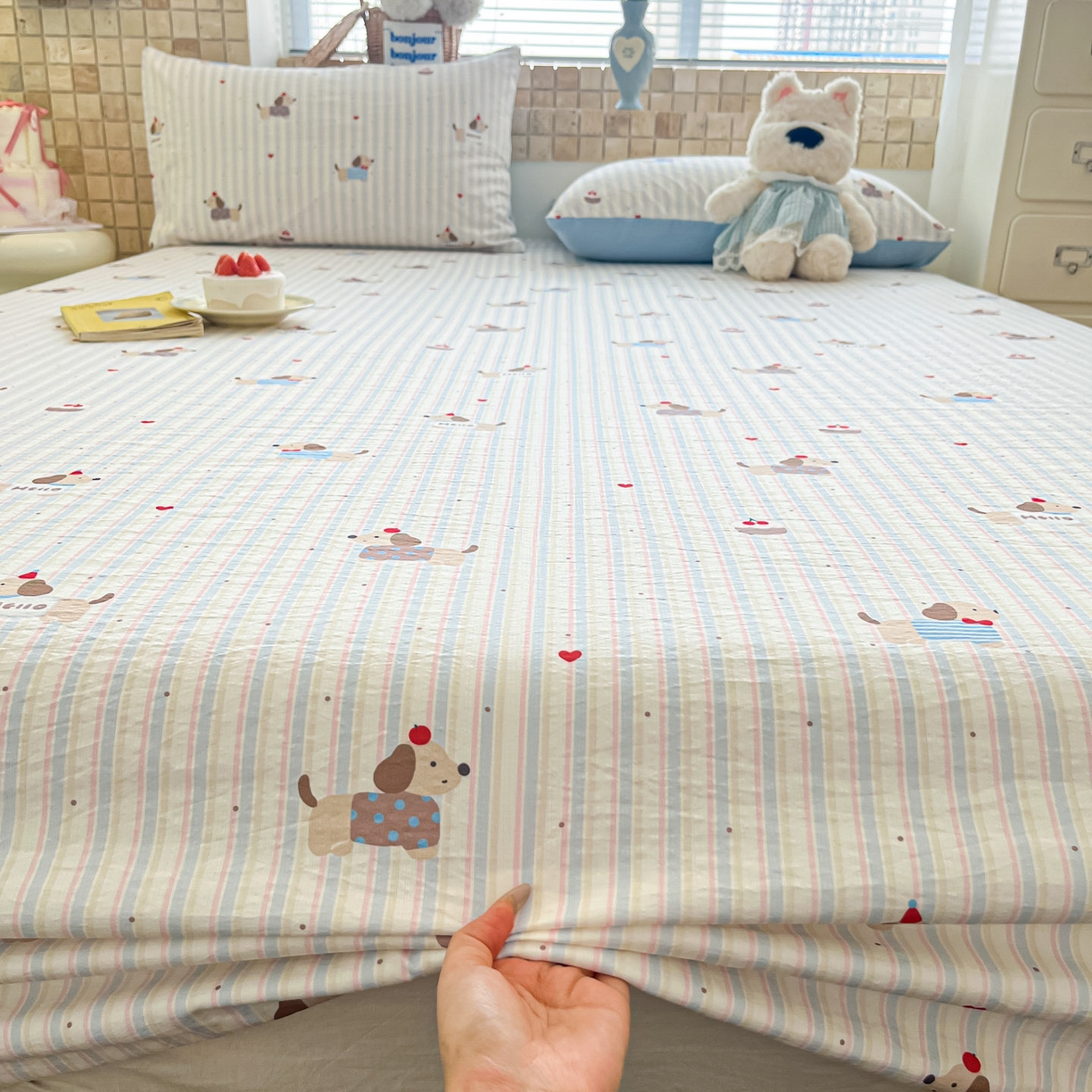 91家纺网 家纺一手货源 找家纺 川悦生活 2026春夏新款双层纱皱皱纱单床笠床笠单件 床笠腊肠甜心