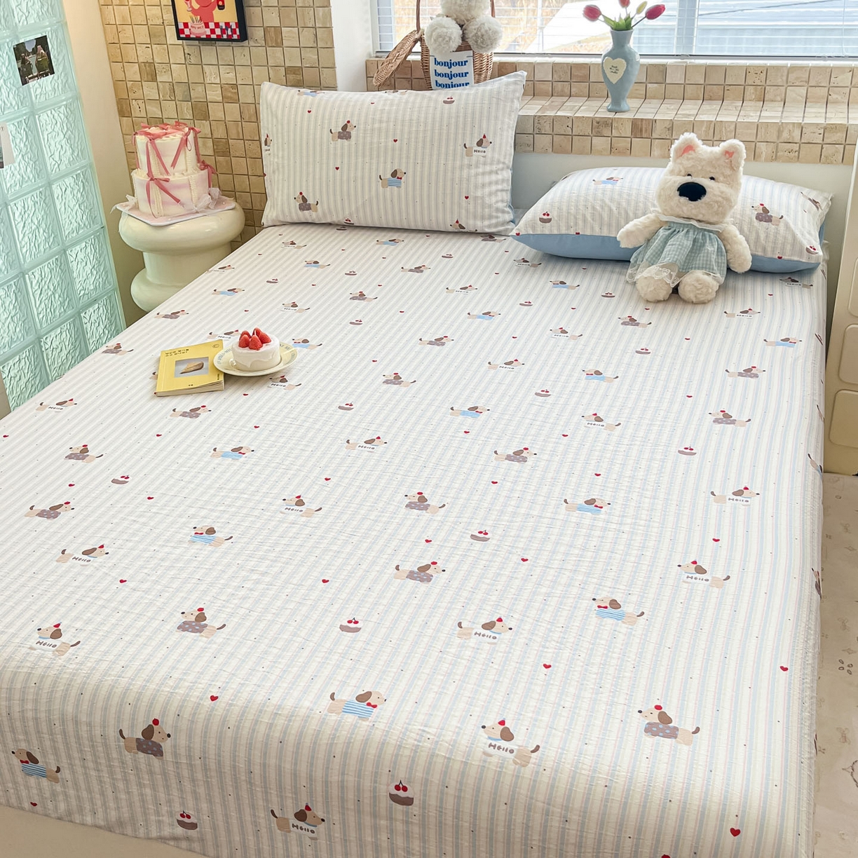 91家纺网 家纺一手货源 找家纺 川悦生活 2026春夏新款双层纱皱皱纱单床笠床笠单件 床笠腊肠甜心