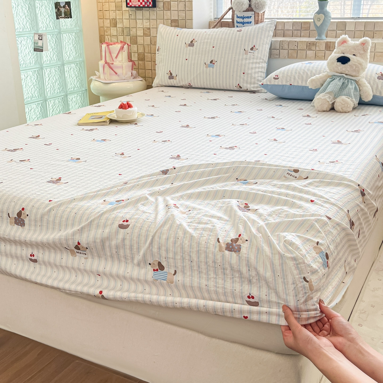 91家纺网 家纺一手货源 找家纺 川悦生活 2026春夏新款双层纱皱皱纱单床笠床笠单件 床笠腊肠甜心