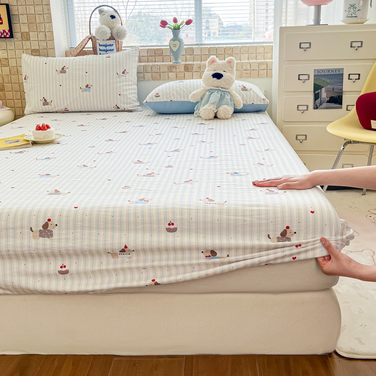 91家纺网 家纺一手货源 找家纺 川悦生活 2026春夏新款双层纱皱皱纱单床笠床笠单件 床笠腊肠甜心