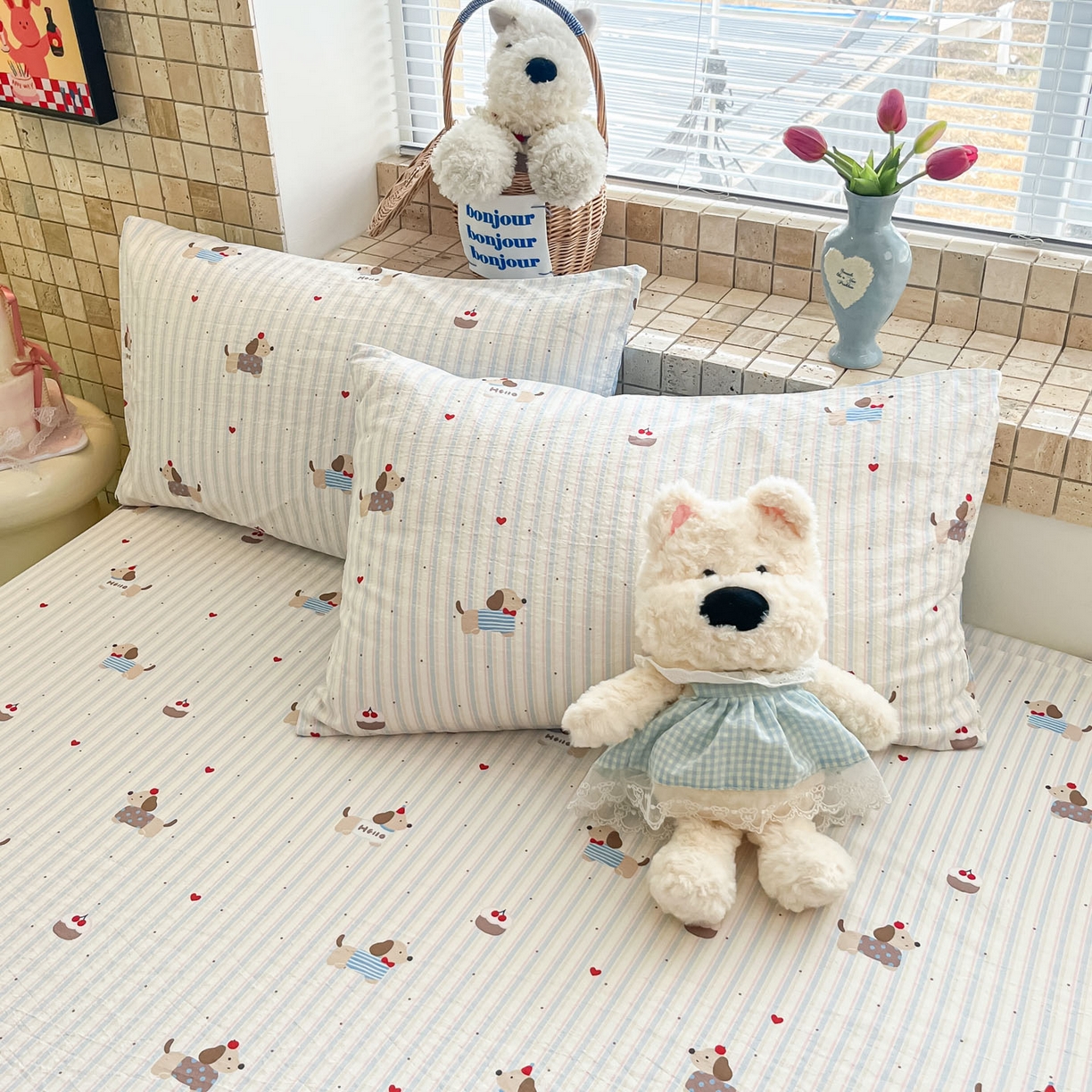 91家纺网 家纺一手货源 找家纺 川悦生活 2026春夏新款双层纱皱皱纱单床笠床笠单件 床笠腊肠甜心