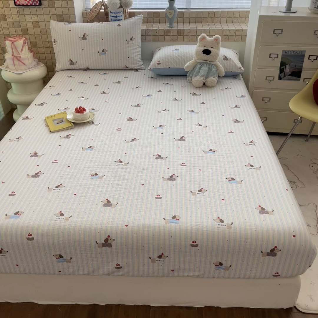 91家纺网 家纺一手货源 找家纺 川悦生活 2026春夏新款双层纱皱皱纱单床笠床笠单件 床笠腊肠甜心