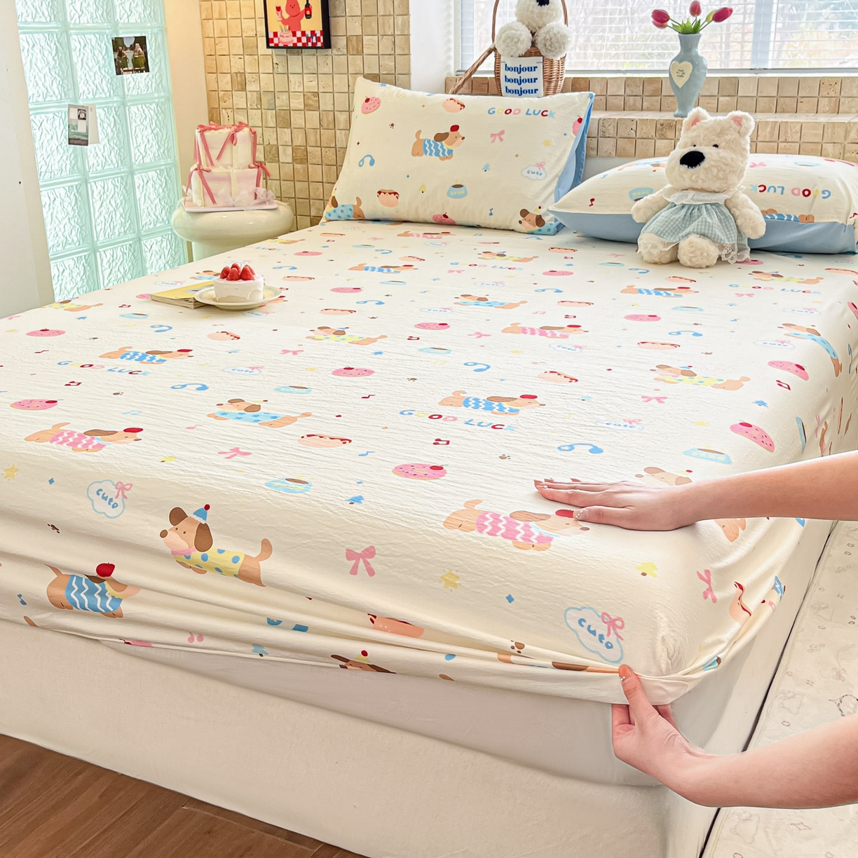 川悦生活 2026春夏新款双层纱皱皱纱单床笠床笠单件 床笠腊肠庄园