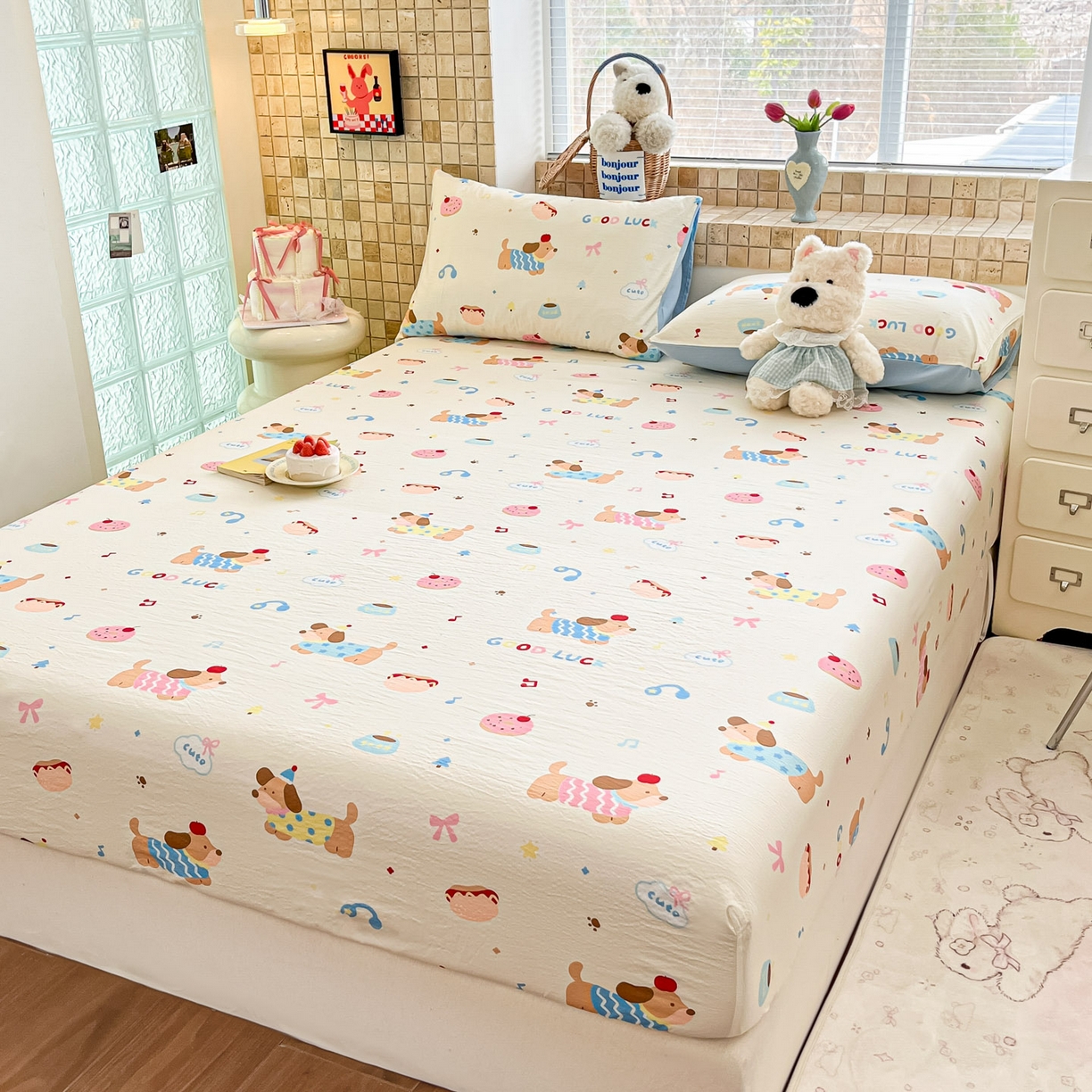 91家纺网 家纺一手货源 找家纺 川悦生活 2026春夏新款双层纱皱皱纱单床笠床笠单件 床笠腊肠庄园