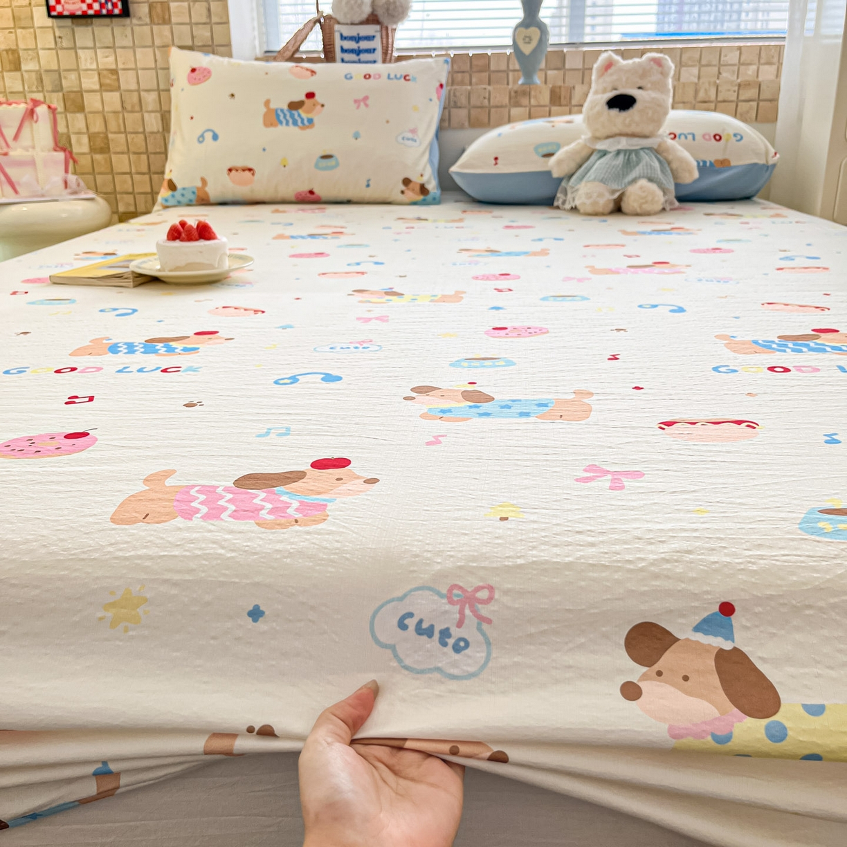 91家纺网 家纺一手货源 找家纺 川悦生活 2026春夏新款双层纱皱皱纱单床笠床笠单件 床笠腊肠庄园