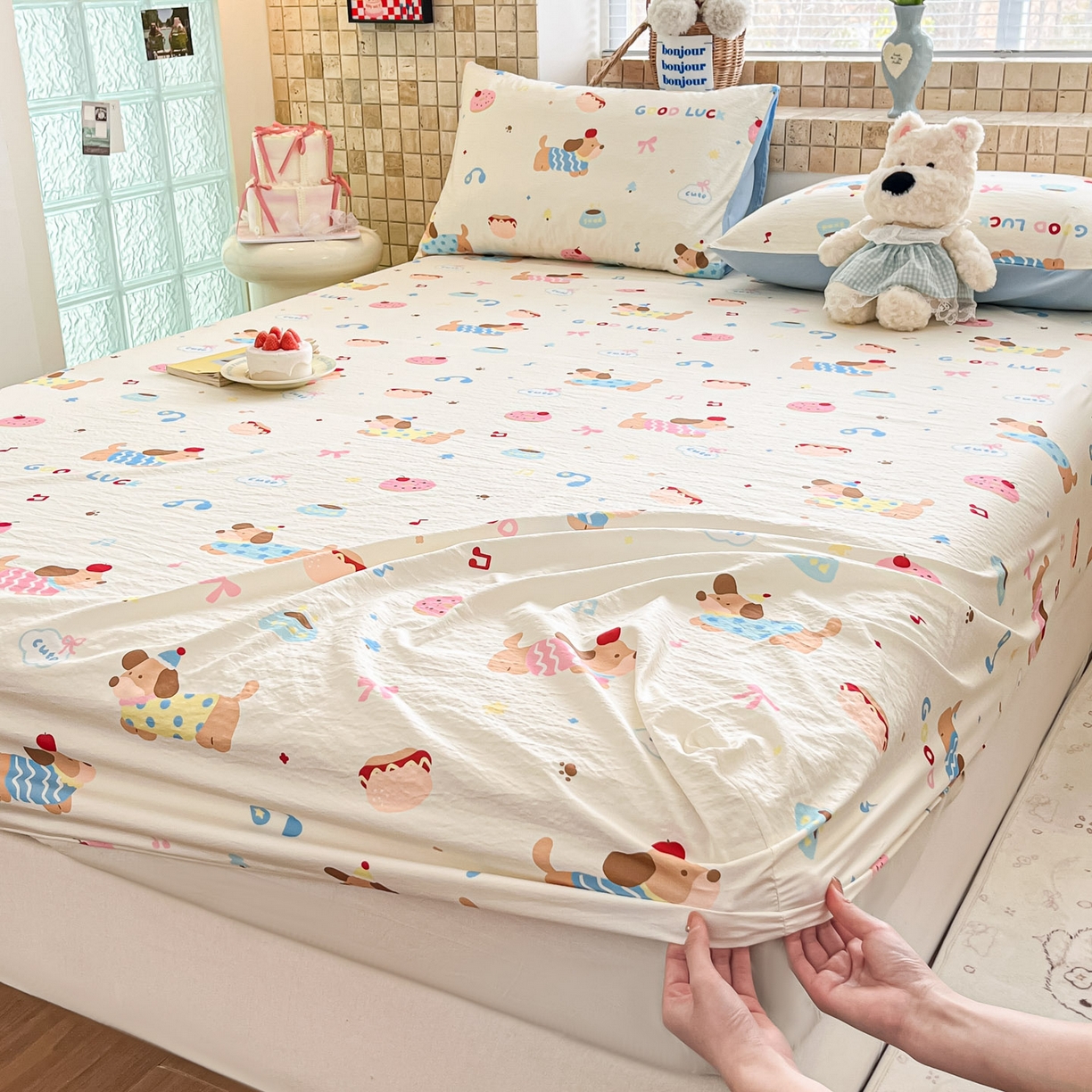 91家纺网 家纺一手货源 找家纺 川悦生活 2026春夏新款双层纱皱皱纱单床笠床笠单件 床笠腊肠庄园