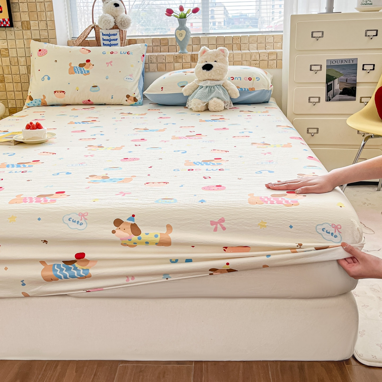 91家纺网 家纺一手货源 找家纺 川悦生活 2026春夏新款双层纱皱皱纱单床笠床笠单件 床笠腊肠庄园