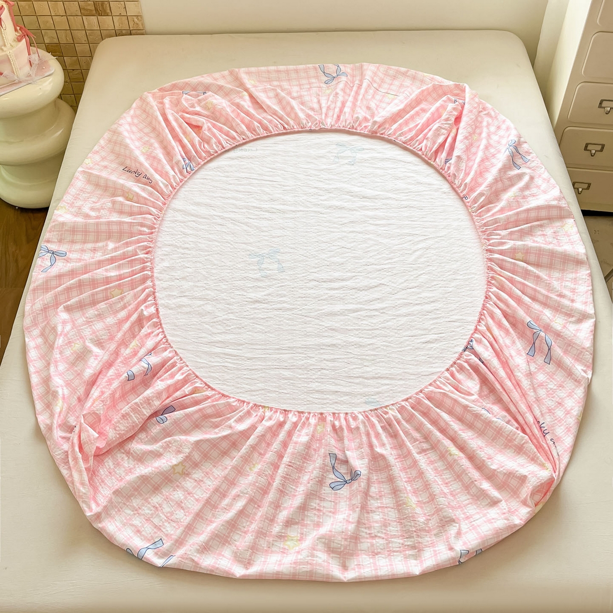 91家纺网 家纺一手货源 找家纺 川悦生活 2026春夏新款双层纱皱皱纱单床笠床笠单件 床笠奶油可盐