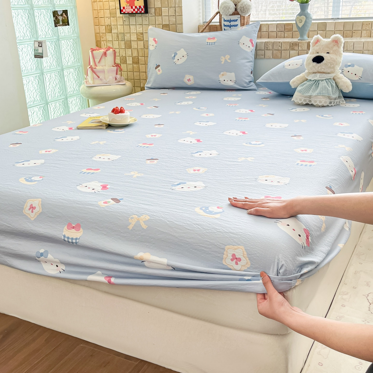 川悦生活 2026春夏新款双层纱皱皱纱单床笠床笠单件 床笠汽水小咪