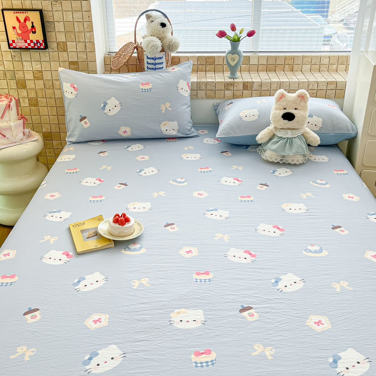 91家纺网 家纺一手货源 找家纺 川悦生活 2026春夏新款双层纱皱皱纱单床笠床笠单件 床笠汽水小咪