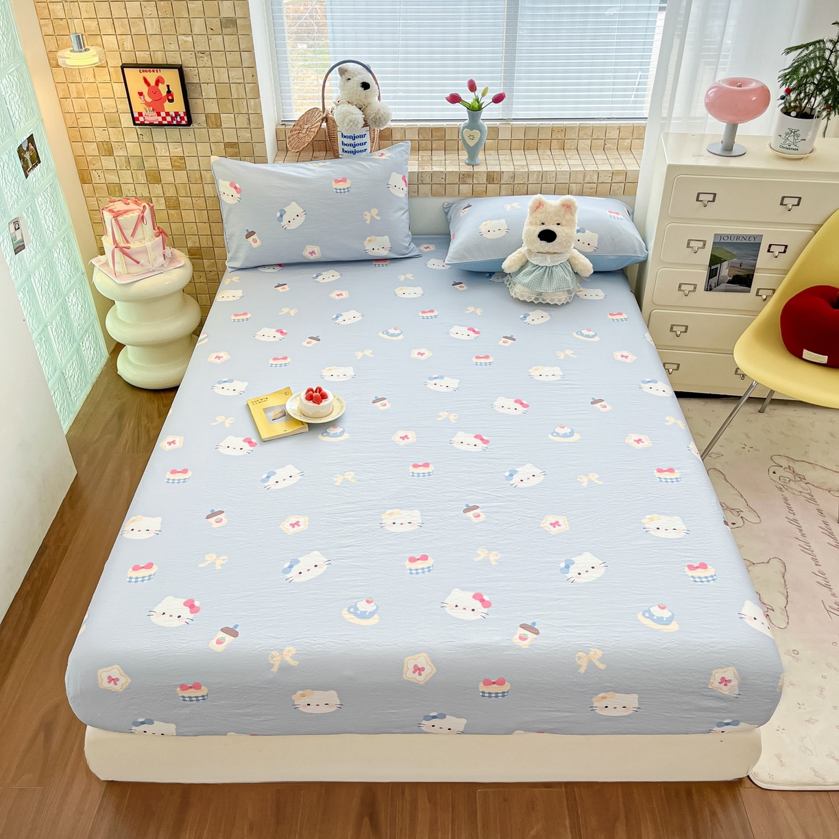 91家纺网 家纺一手货源 找家纺 川悦生活 2026春夏新款双层纱皱皱纱单床笠床笠单件 床笠汽水小咪