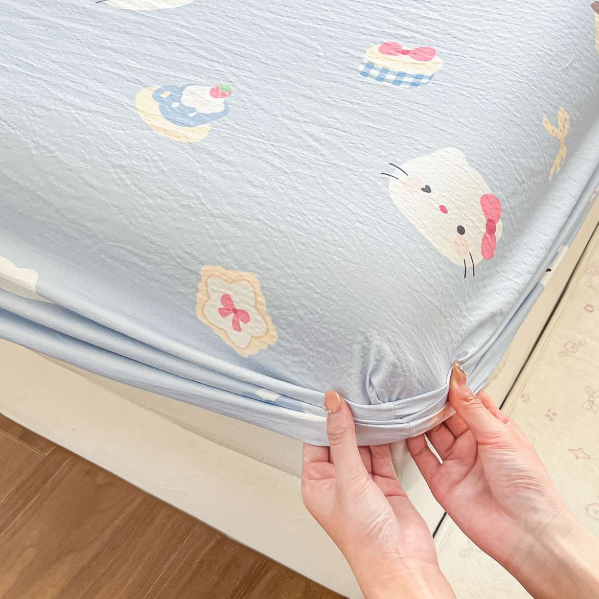 91家纺网 家纺一手货源 找家纺 川悦生活 2026春夏新款双层纱皱皱纱单床笠床笠单件 床笠汽水小咪