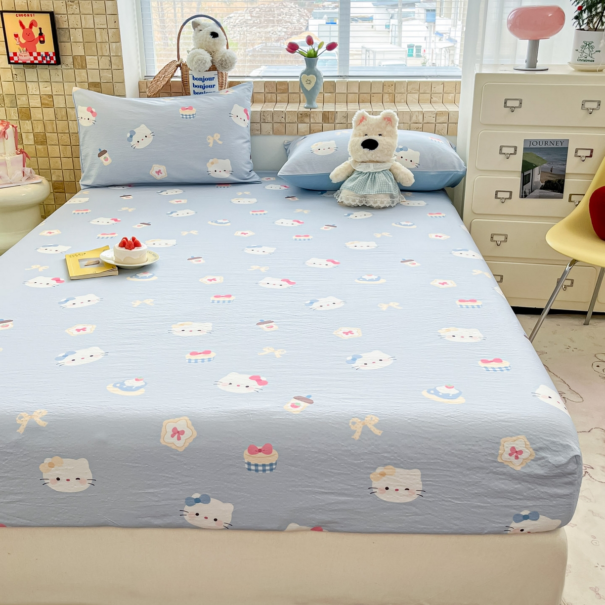 91家纺网 家纺一手货源 找家纺 川悦生活 2026春夏新款双层纱皱皱纱单床笠床笠单件 床笠汽水小咪