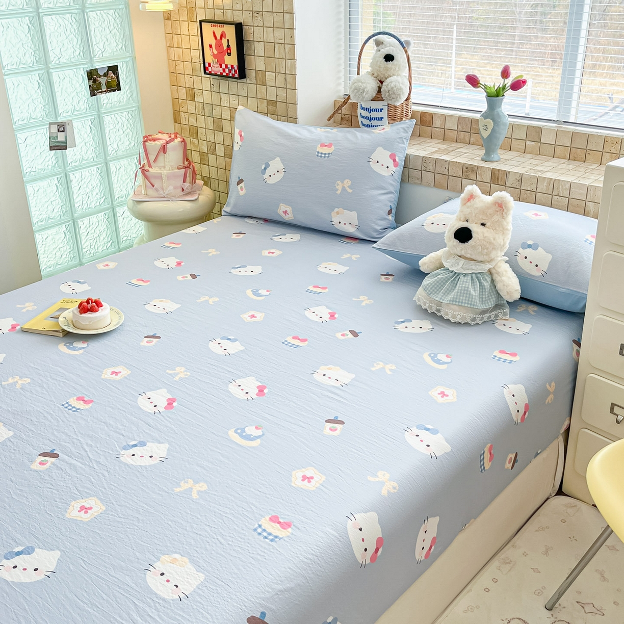 91家纺网 家纺一手货源 找家纺 川悦生活 2026春夏新款双层纱皱皱纱单床笠床笠单件 床笠汽水小咪