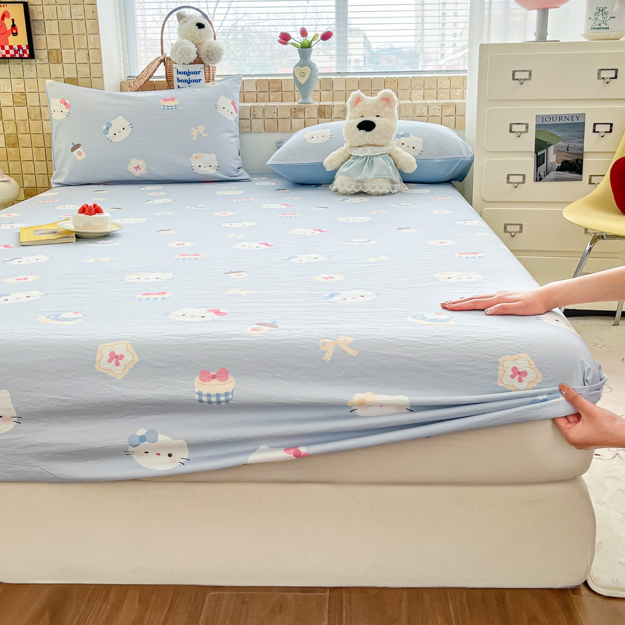 91家纺网 家纺一手货源 找家纺 川悦生活 2026春夏新款双层纱皱皱纱单床笠床笠单件 床笠汽水小咪