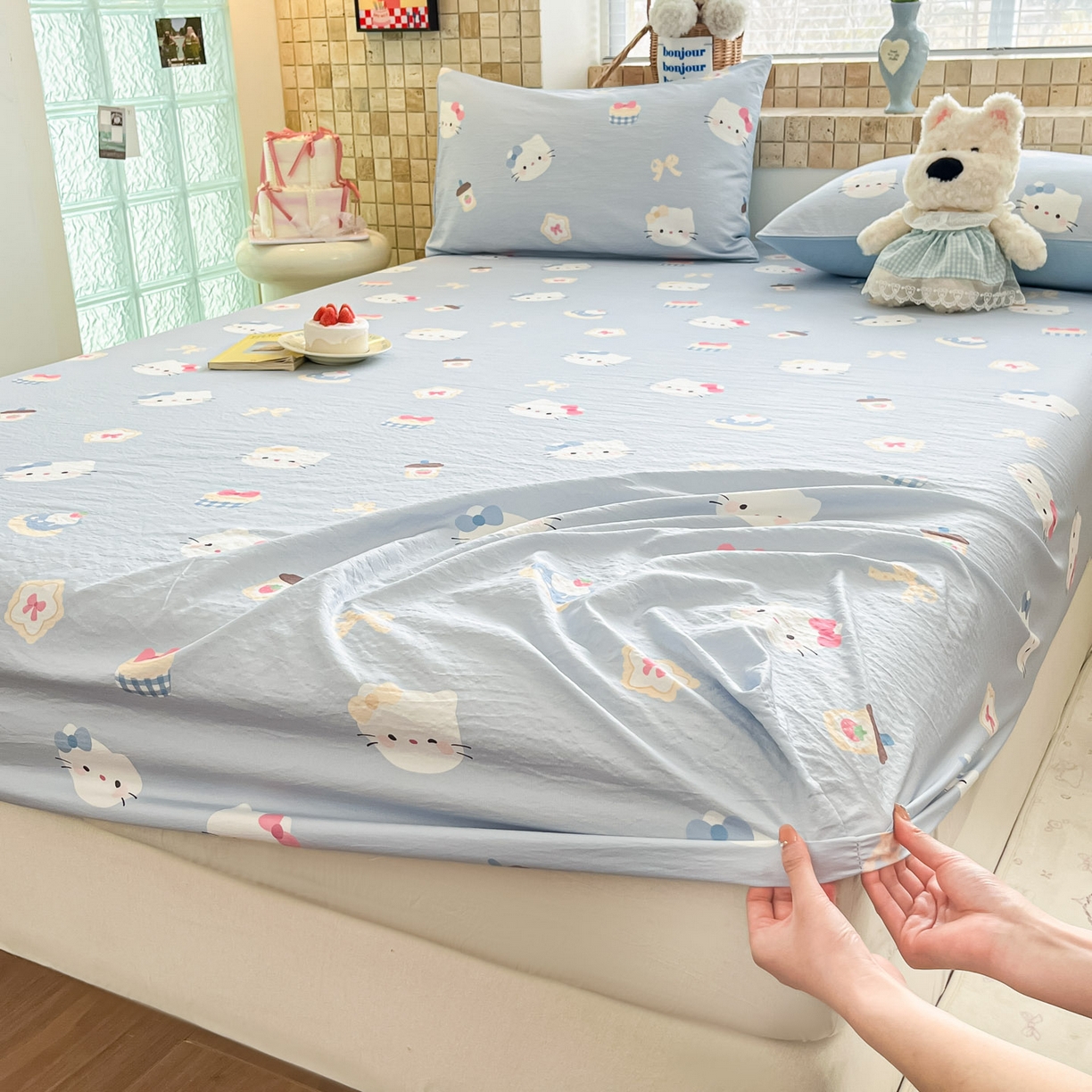 91家纺网 家纺一手货源 找家纺 川悦生活 2026春夏新款双层纱皱皱纱单床笠床笠单件 床笠汽水小咪