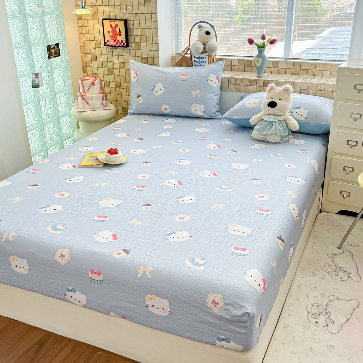 91家纺网 家纺一手货源 找家纺 川悦生活 2026春夏新款双层纱皱皱纱单床笠床笠单件 床笠汽水小咪