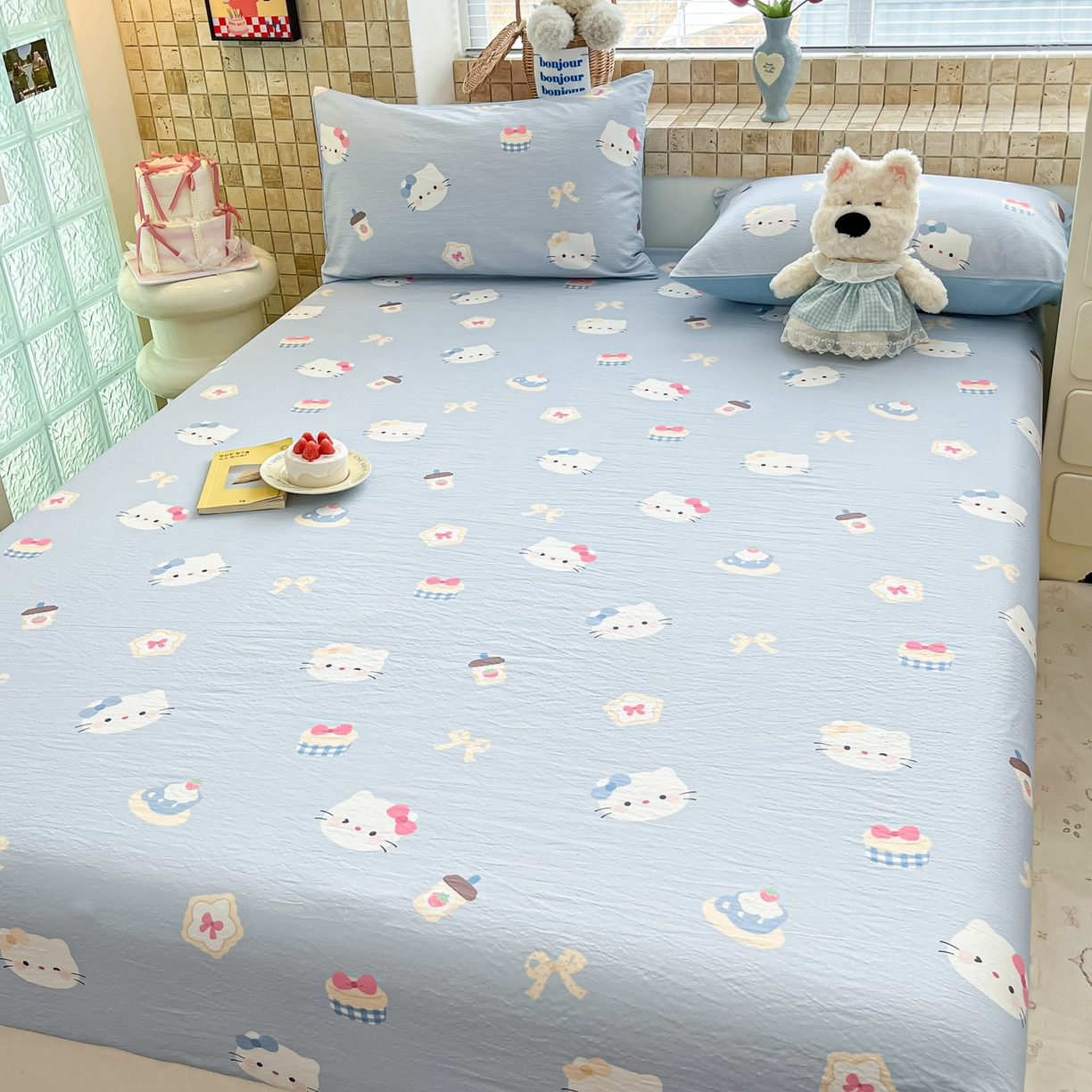 91家纺网 家纺一手货源 找家纺 川悦生活 2026春夏新款双层纱皱皱纱单床笠床笠单件 床笠汽水小咪