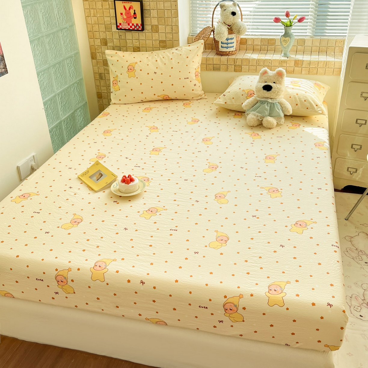 91家纺网 家纺一手货源 找家纺 川悦生活 2026春夏新款双层纱皱皱纱单床笠床笠单件 床笠恰星星