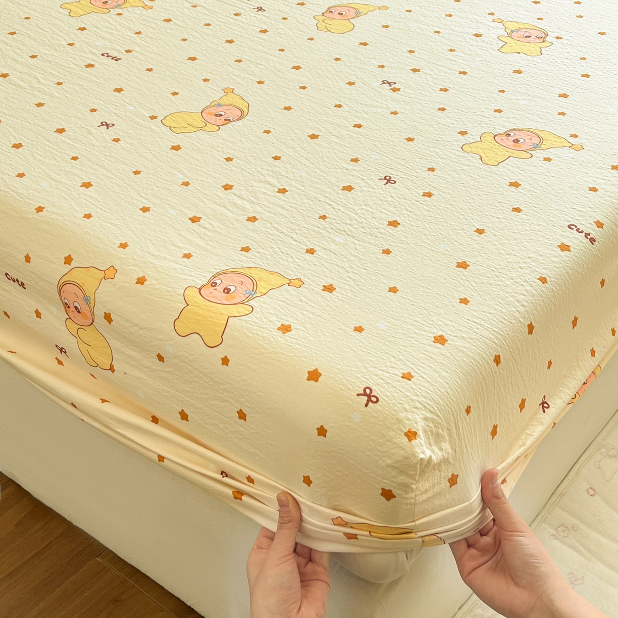 91家纺网 家纺一手货源 找家纺 川悦生活 2026春夏新款双层纱皱皱纱单床笠床笠单件 床笠恰星星