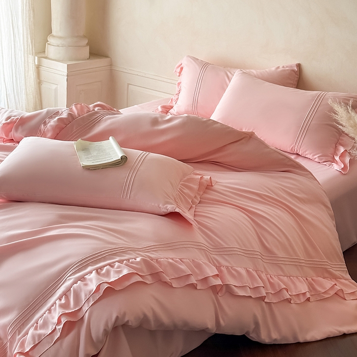 91家纺网 家纺一手货源 找家纺 苏源家居 2026新款亲肤棉磨毛双层荷叶边埋绳公主风四件套-洛莉 洛莉奶油粉