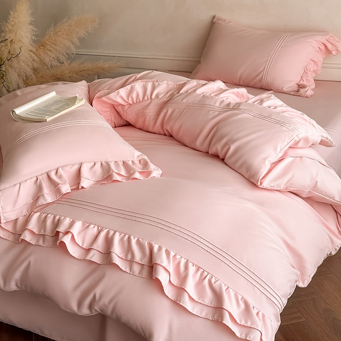 91家纺网 家纺一手货源 找家纺 苏源家居 2026新款亲肤棉磨毛双层荷叶边埋绳公主风四件套-洛莉 洛莉奶油粉