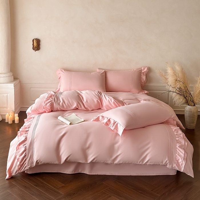 91家纺网 家纺一手货源 找家纺 苏源家居 2026新款亲肤棉磨毛双层荷叶边埋绳公主风四件套-洛莉 洛莉奶油粉