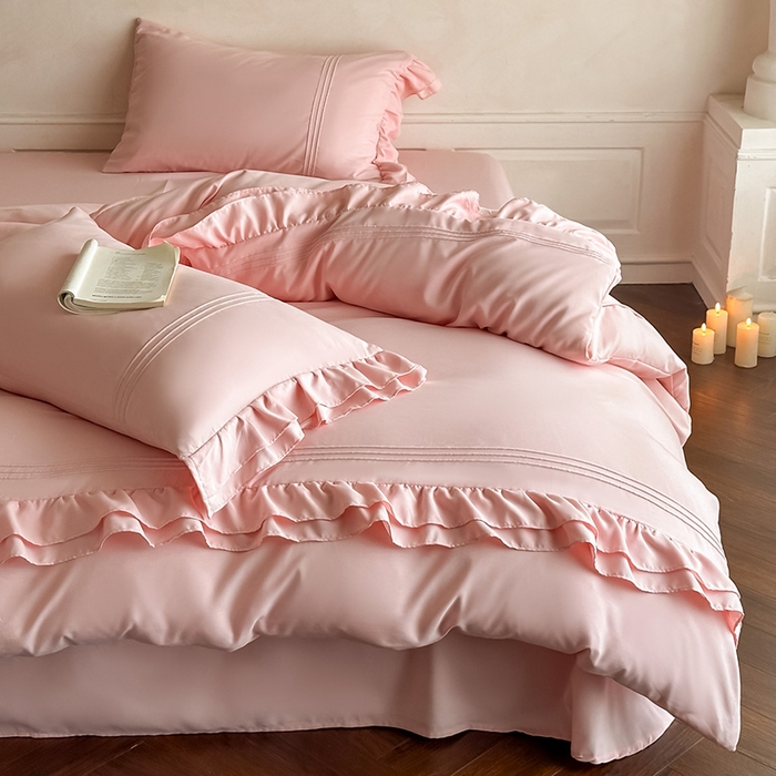 91家纺网 家纺一手货源 找家纺 苏源家居 2026新款亲肤棉磨毛双层荷叶边埋绳公主风四件套-洛莉 洛莉奶油粉