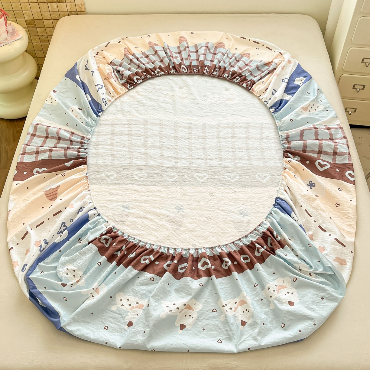 91家纺网 家纺一手货源 找家纺 川悦生活 2026春夏新款双层纱皱皱纱单床笠床笠单件 床笠巧克力乐园