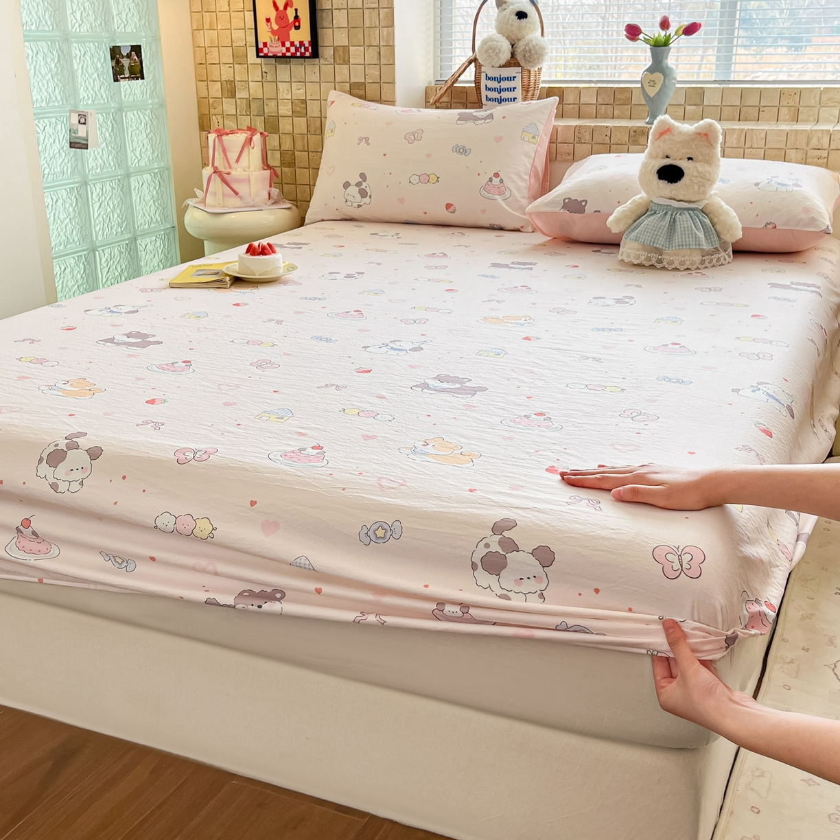 川悦生活 2026春夏新款双层纱皱皱纱单床笠床笠单件 床笠糖豆小旺