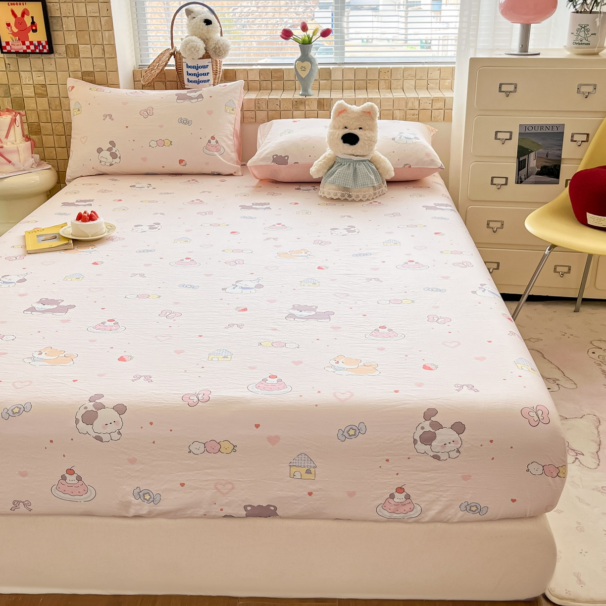 91家纺网 家纺一手货源 找家纺 川悦生活 2026春夏新款双层纱皱皱纱单床笠床笠单件 床笠糖豆小旺