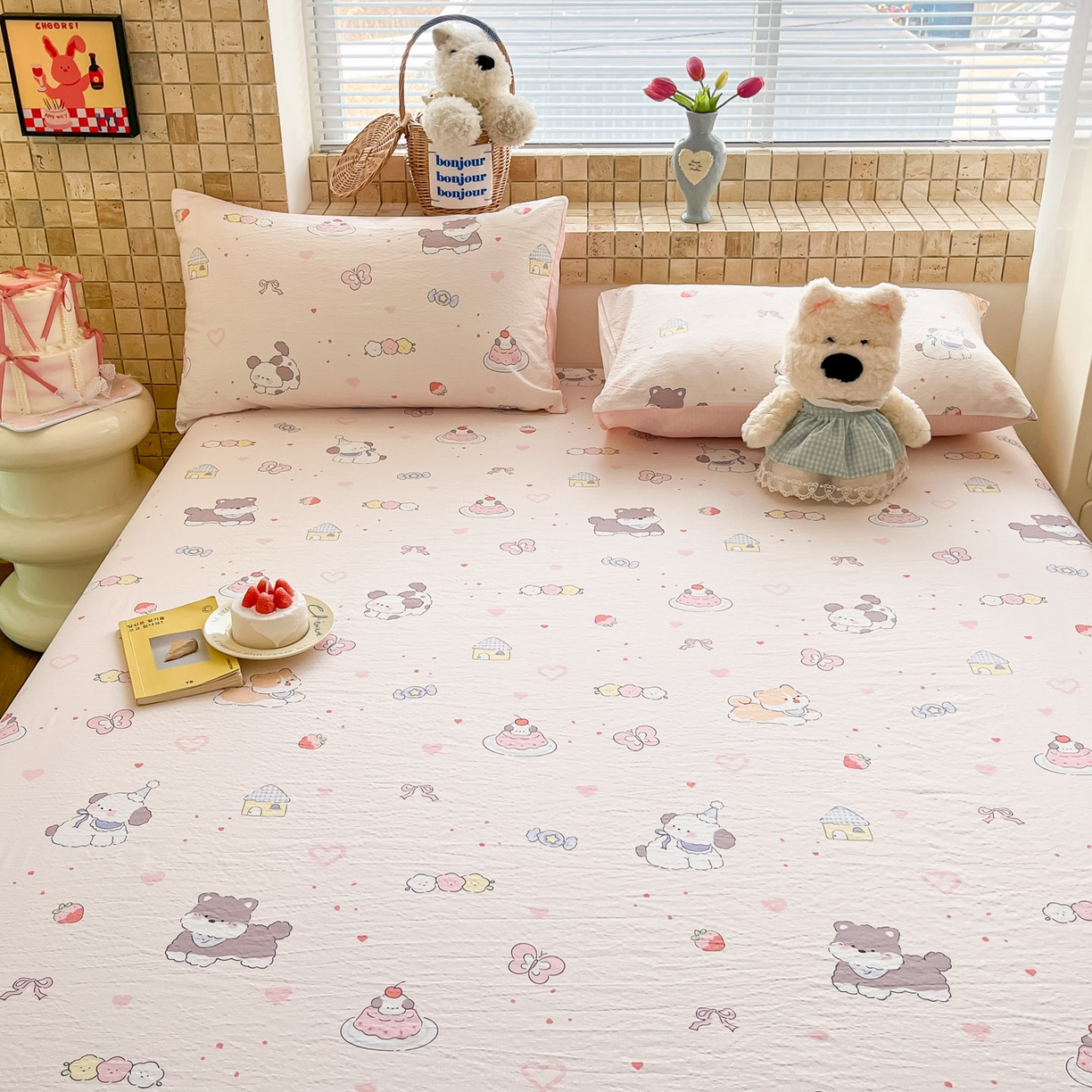 91家纺网 家纺一手货源 找家纺 川悦生活 2026春夏新款双层纱皱皱纱单床笠床笠单件 床笠糖豆小旺