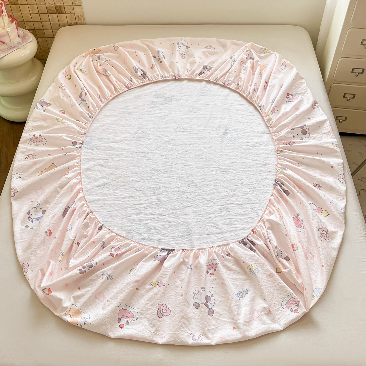 91家纺网 家纺一手货源 找家纺 川悦生活 2026春夏新款双层纱皱皱纱单床笠床笠单件 床笠糖豆小旺