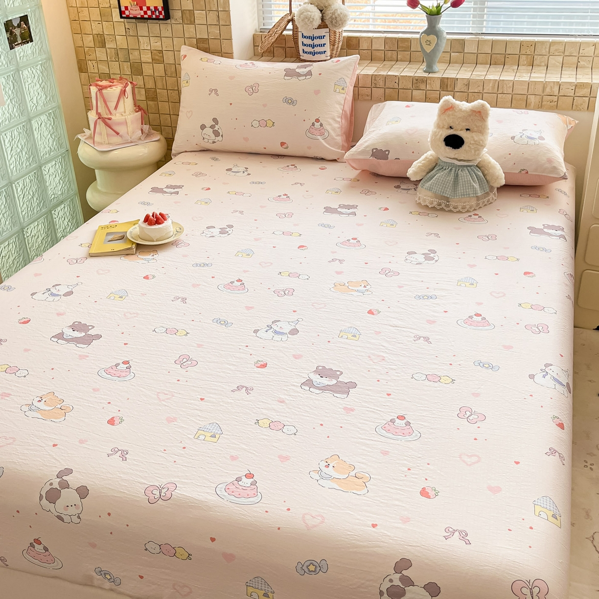 91家纺网 家纺一手货源 找家纺 川悦生活 2026春夏新款双层纱皱皱纱单床笠床笠单件 床笠糖豆小旺